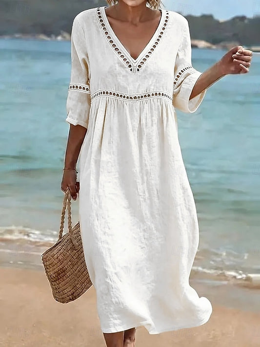 LightInTheBox Women's Midi Dress A Line V Neck 3/4 Sleeve Solid Color Loose Fit Casual Beach Summer Spring 2026