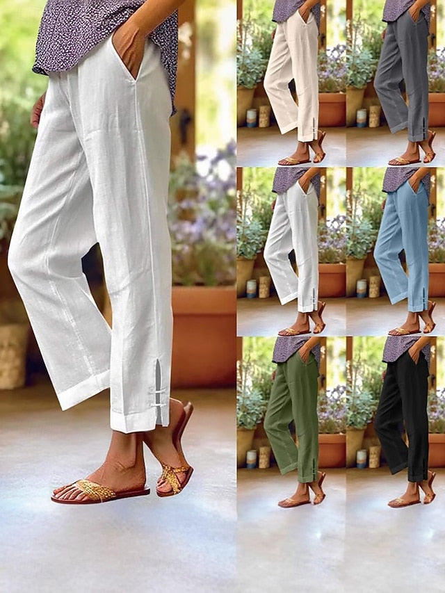 LightInTheBox Women's Chinos Summer Pants 100% Cotton Vacation Streetwear Basic Full Length Medium Waist Plain Pocket Elastic Waist Comfy Comfort Inelastic Daily Outdoor Vacation Grey Black White Army Green Summer