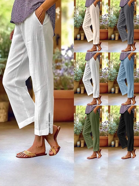 LightInTheBox Women's Chinos Summer Pants 100% Cotton Vacation Streetwear Basic Full Length Medium Waist Plain Pocket Elastic Waist Comfy Comfort Inelastic Daily Outdoor Vacation Grey Black White Army Green Summer
