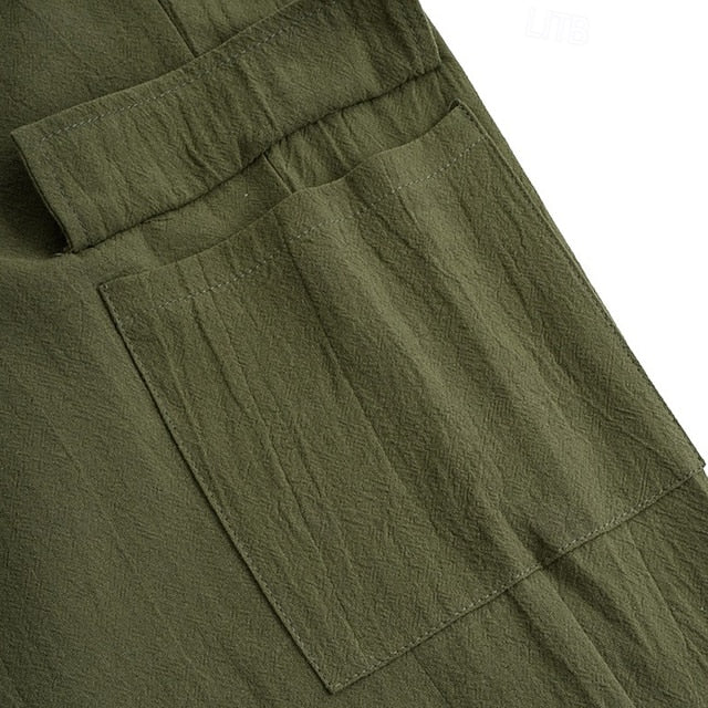 LightInTheBox Men's Gauze Cargo Pants Drawstring Elastic Waist Multi Pocket Summer Beach Black White