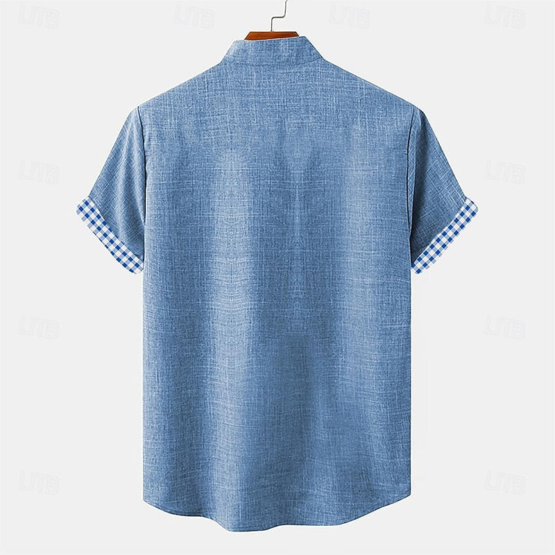 LightInTheBox Men's Cotton Linen Shirt Short Sleeve Turndown Collar Plaid Summer Beach Casual Blue Green Khaki