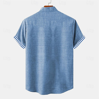 LightInTheBox Men's Cotton Linen Shirt Short Sleeve Turndown Collar Plaid Summer Beach Casual Blue Green Khaki