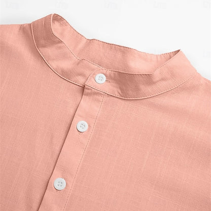 LightInTheBox Men's Cotton Linen Popover Shirt Short Sleeve Band Collar Vacation Casual Black White Yellow Pink