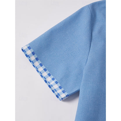 LightInTheBox Men's Cotton Linen Shirt Short Sleeve Turndown Collar Plaid Summer Beach Casual Blue Green Khaki