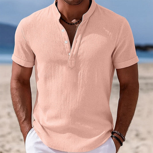 LightInTheBox Men's Cotton Linen Popover Shirt Short Sleeve Band Collar Vacation Casual Black White Yellow Pink