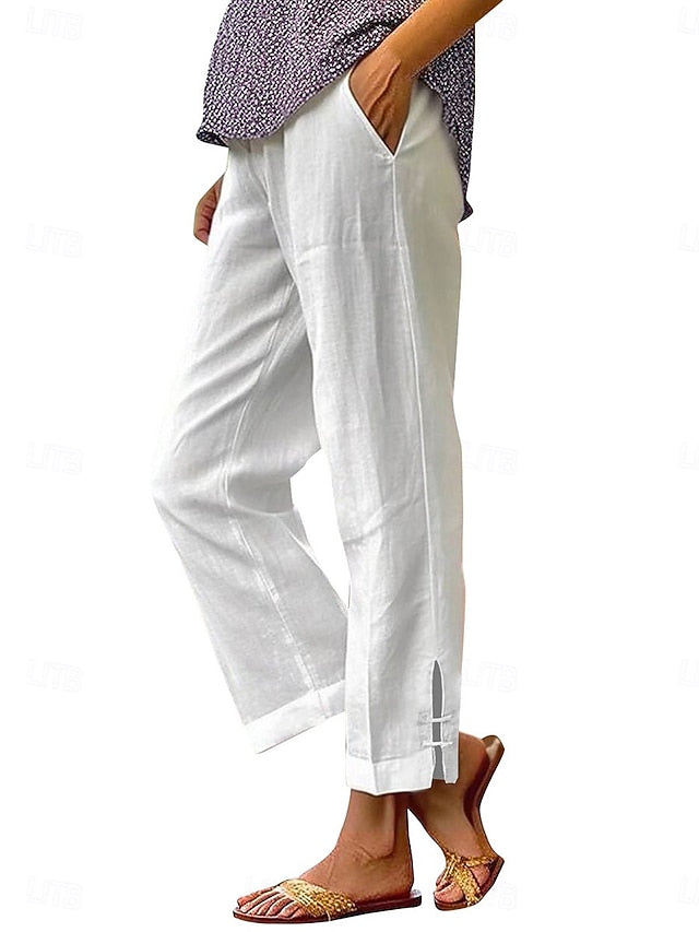 LightInTheBox Women's Chinos Summer Pants 100% Cotton Vacation Streetwear Basic Full Length Medium Waist Plain Pocket Elastic Waist Comfy Comfort Inelastic Daily Outdoor Vacation Grey Black White Army Green Summer