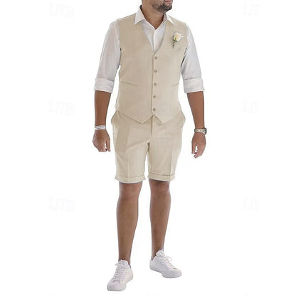 LightInTheBox Men's Linen 2-Piece Suit Waistcoat and Shorts Set