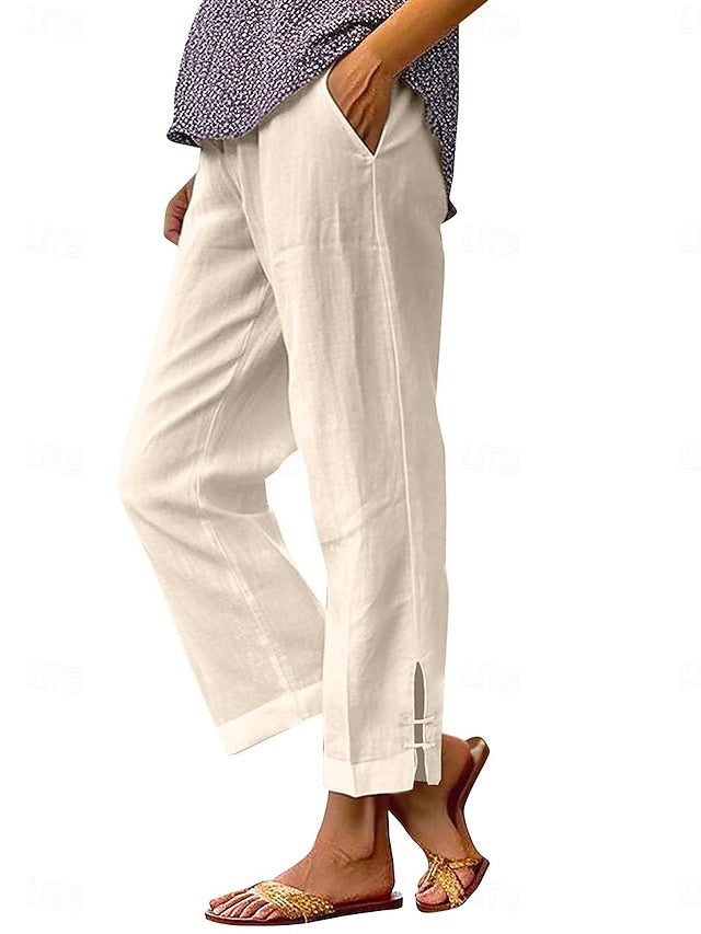 LightInTheBox Women's Chinos Summer Pants 100% Cotton Vacation Streetwear Basic Full Length Medium Waist Plain Pocket Elastic Waist Comfy Comfort Inelastic Daily Outdoor Vacation Grey Black White Army Green Summer