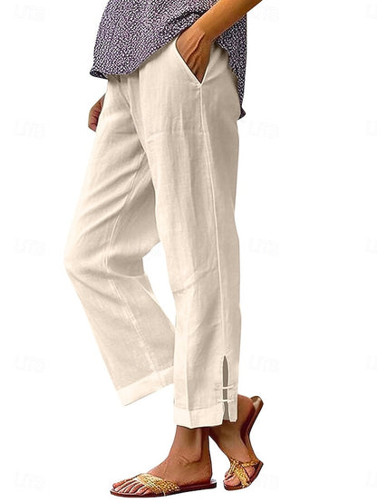 LightInTheBox Women's Chinos Summer Pants 100% Cotton Vacation Streetwear Basic Full Length Medium Waist Plain Pocket Elastic Waist Comfy Comfort Inelastic Daily Outdoor Vacation Grey Black White Army Green Summer