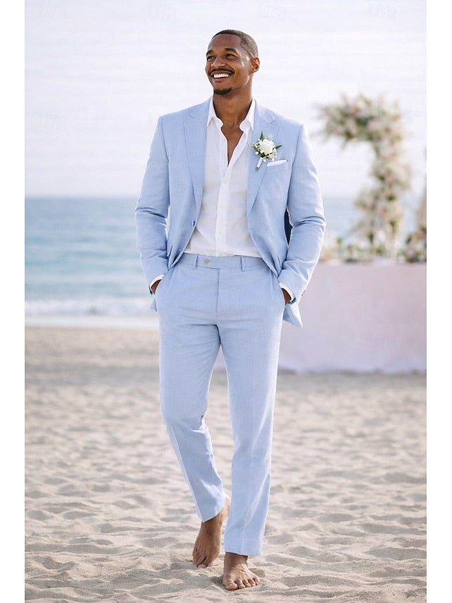 LightInTheBox Men's Linen 2 Piece Tailored Fit Suit Sky Blue