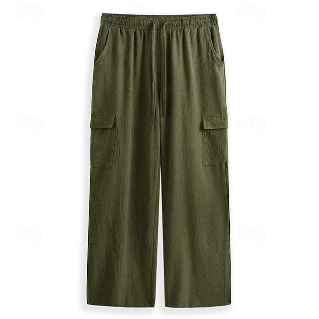 LightInTheBox Men's Gauze Cargo Pants Drawstring Elastic Waist Multi Pocket Summer Beach Black White