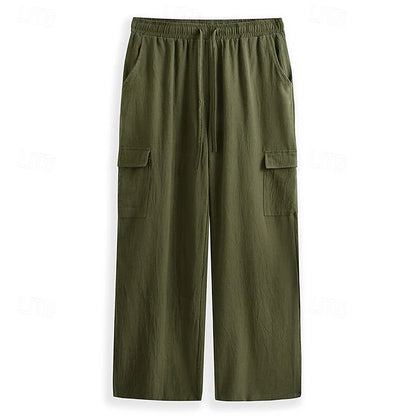 LightInTheBox Men's Gauze Cargo Pants Drawstring Elastic Waist Multi Pocket Summer Beach Black White