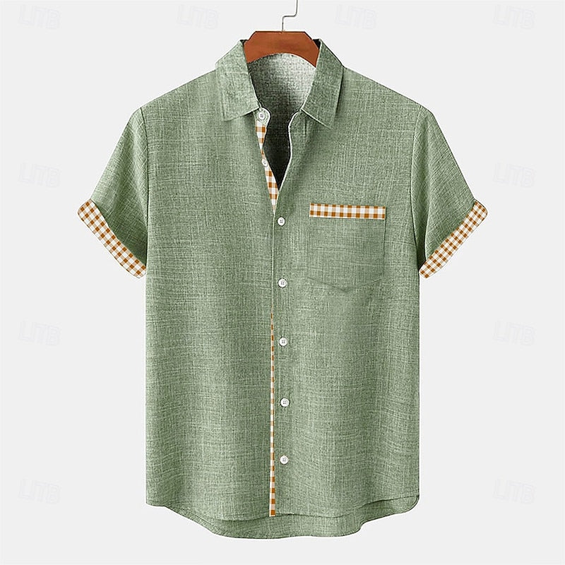LightInTheBox Men's Cotton Linen Shirt Short Sleeve Turndown Collar Plaid Summer Beach Casual Blue Green Khaki