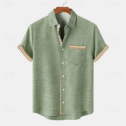 LightInTheBox Men's Cotton Linen Shirt Short Sleeve Turndown Collar Plaid Summer Beach Casual Blue Green Khaki