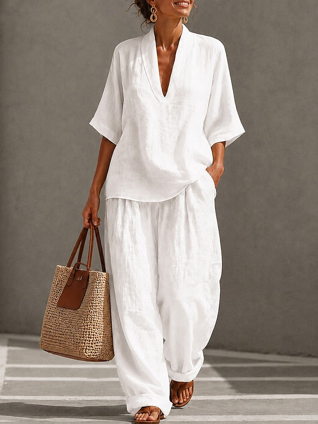 LightInTheBox Women's Cotton Linen Sets Half Sleeve V Neck Plain Vacation Casual