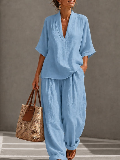 LightInTheBox Women's Cotton Linen Sets Half Sleeve V Neck Plain Vacation Casual