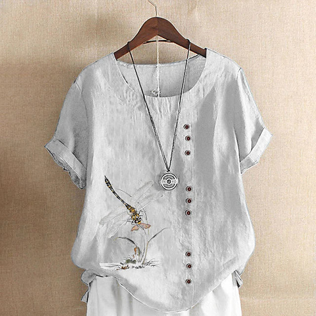 LightInTheBox Women's Cotton Linen Like Blouse Short Sleeve Crew Neck Button Print Casual Summer Spring Blue Purple Dark Blue Army Green White Pink Orange Green Sky Blue Yellow Light Purple Black Gray Red Apricot