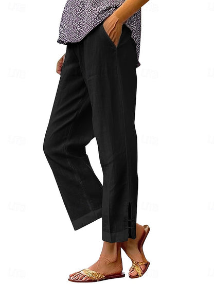 LightInTheBox Women's Chinos Summer Pants 100% Cotton Vacation Streetwear Basic Full Length Medium Waist Plain Pocket Elastic Waist Comfy Comfort Inelastic Daily Outdoor Vacation Grey Black White Army Green Summer