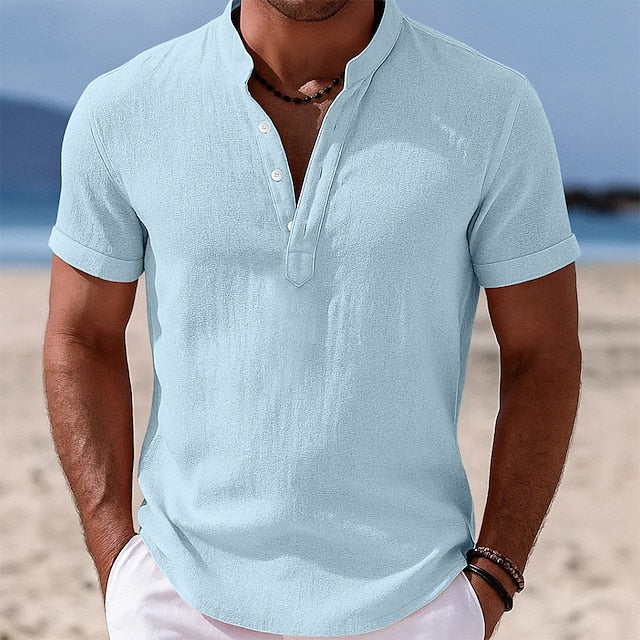 LightInTheBox Men's Cotton Linen Popover Shirt Short Sleeve Band Collar Vacation Casual Black White Yellow Pink