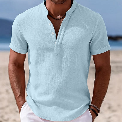 LightInTheBox Men's Cotton Linen Popover Shirt Short Sleeve Band Collar Vacation Casual Black White Yellow Pink