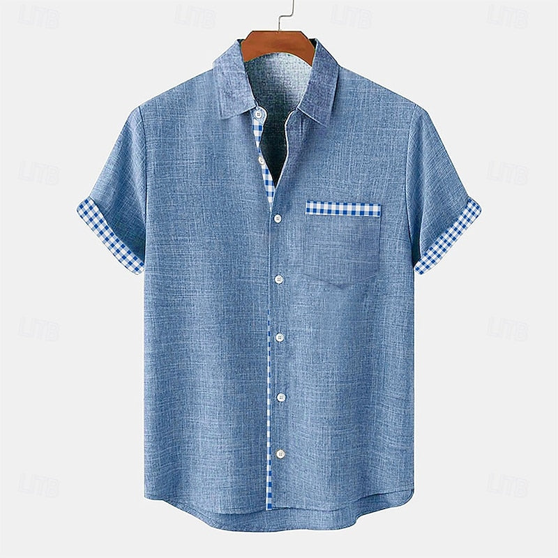 LightInTheBox Men's Cotton Linen Shirt Short Sleeve Turndown Collar Plaid Summer Beach Casual Blue Green Khaki