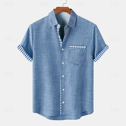 LightInTheBox Men's Cotton Linen Shirt Short Sleeve Turndown Collar Plaid Summer Beach Casual Blue Green Khaki