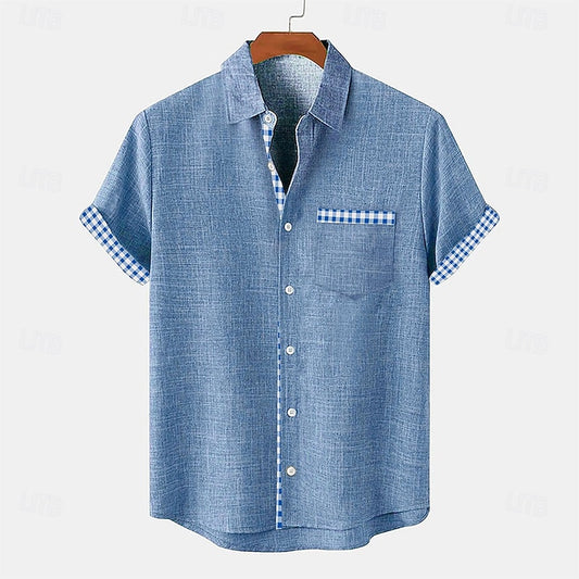 LightInTheBox Men's Cotton Linen Shirt Short Sleeve Turndown Collar Plaid Summer Beach Casual Blue Green Khaki